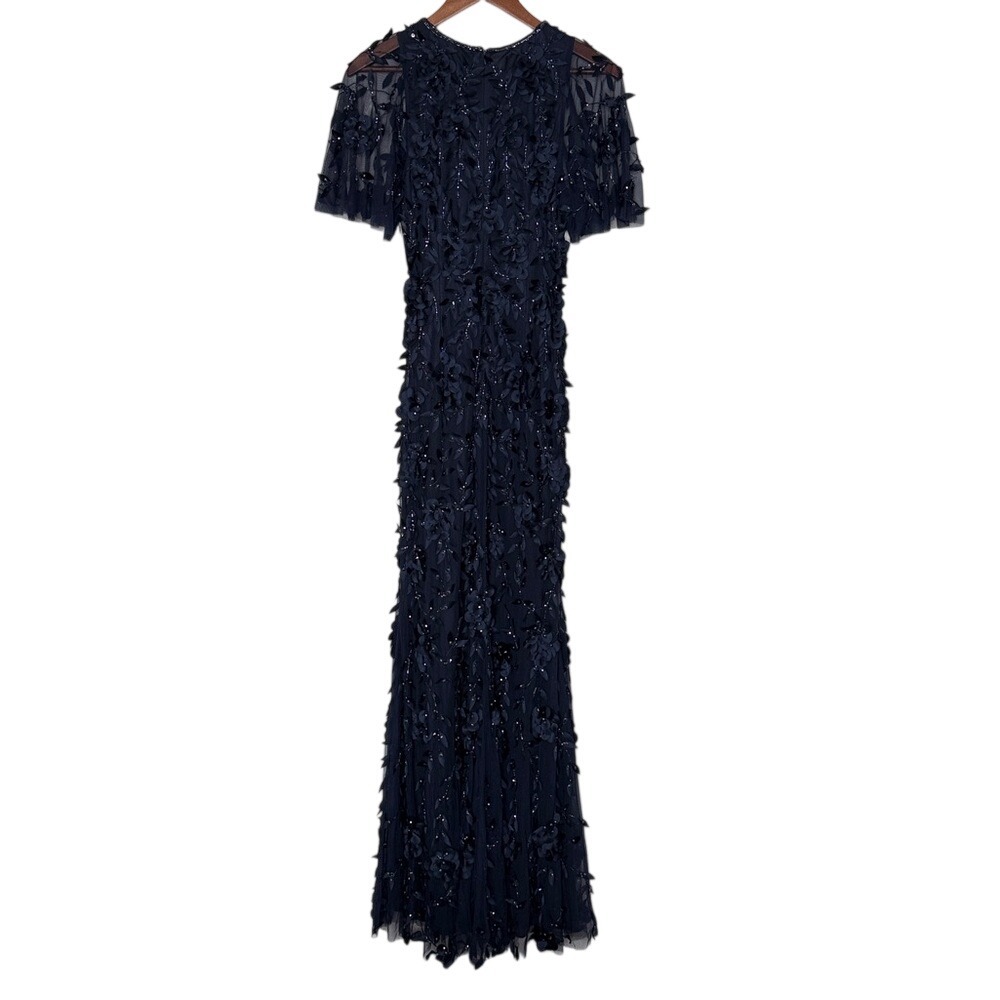 THEIA Flutter Sleeve Petal Applique Gown Midnight Blue Size 6 NWT $1295 - Picture 7 of 8